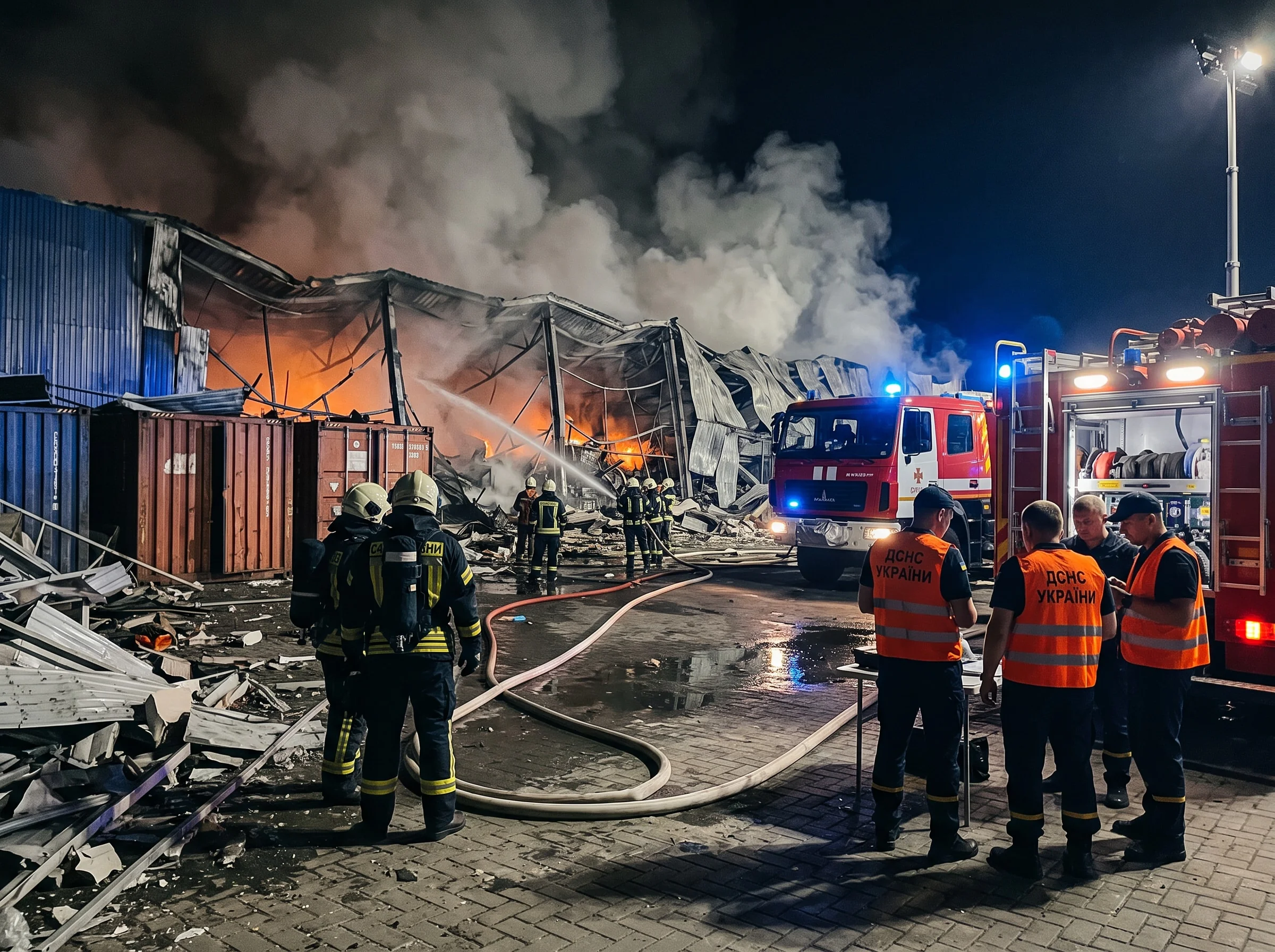 Рятувальники ДСНС гасять нічну пожежу на зруйнованому складі