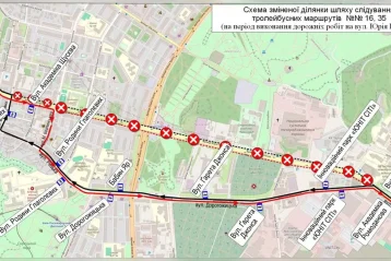 Схема об’їзду тролейбусів 16 і 35 через роботи на вулиці Юрія Іллєнка